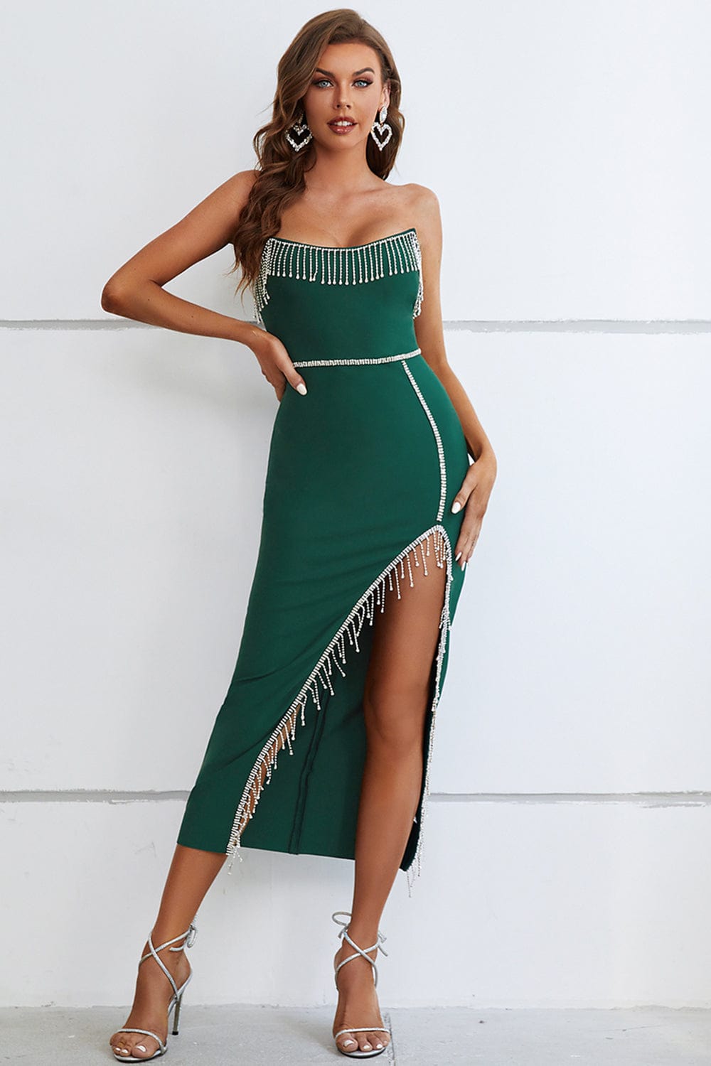 chinese dress ladies Sefa Strapless Fringe Long Slit Bandage Dress – Peri Addict