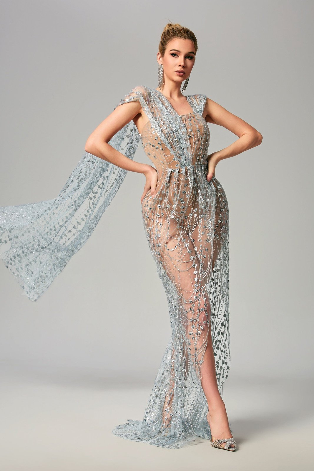 Lyna Split Sequin Maxi Dress - Silver Peri Addict Lyna Split Sequin Maxi Dress - Silver Peri Addict