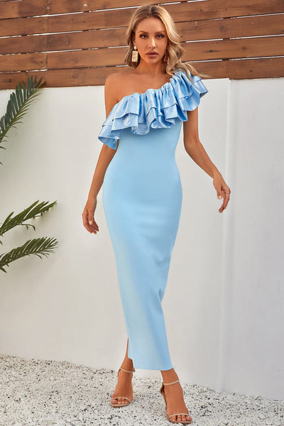 Santorini Ruffle Blue Maxi Bandage Dress