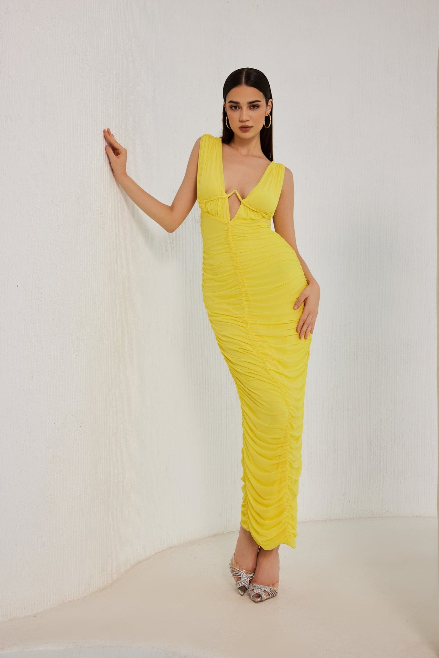 Soledad V Neckline Yellow Pleated Maxi Dress