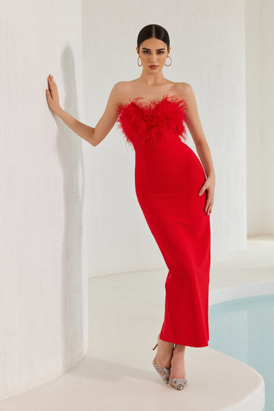Diaz Feather Tassel Maxi Bandage Dress – Red