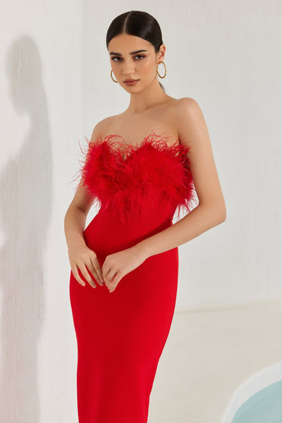 Diaz Feather Tassel Maxi Bandage Dress – Red