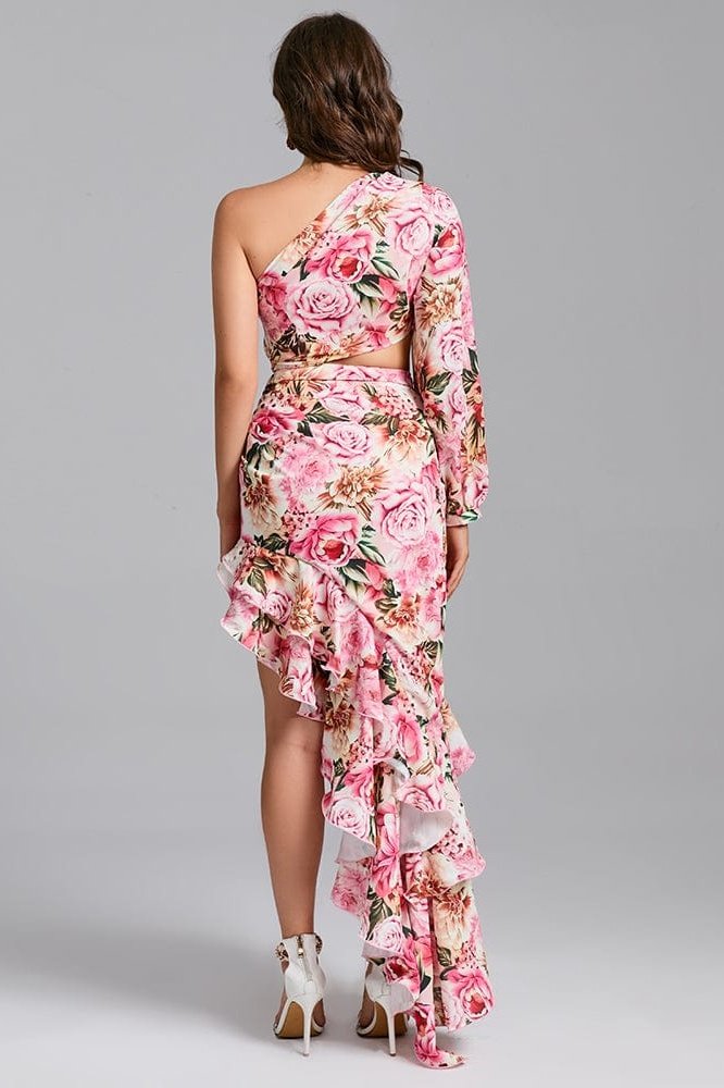 Weston One Shoulder Cut Out Maxi Flowers Dress - Pink