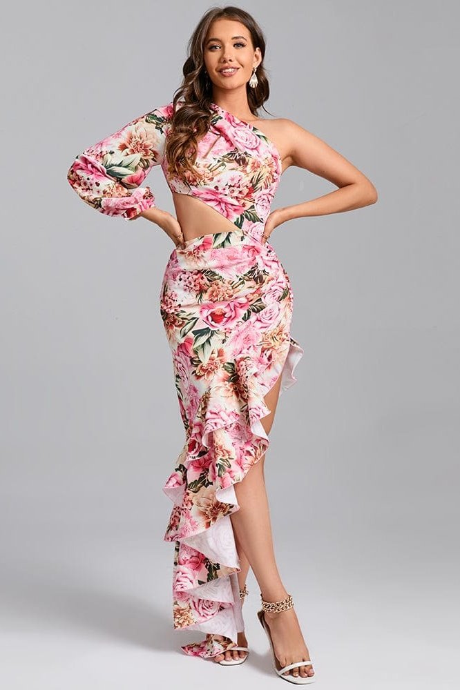 Weston One Shoulder Cut Out Maxi Flowers Dress - Pink