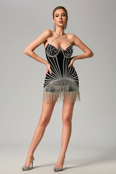 Aimee Halterneck Embellished Fringe Mini Dress - Black