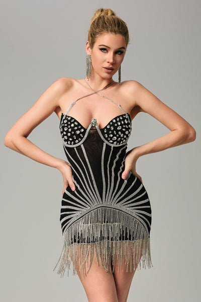 Aimee Halterneck Embellished Fringe Mini Dress - Black