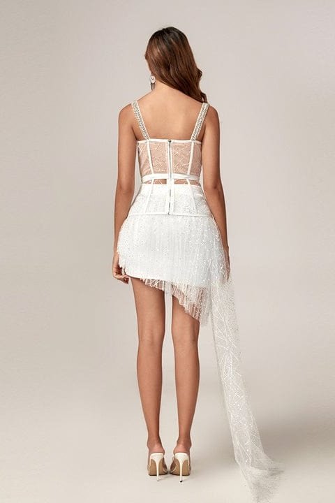 Arya Strappy Mesh Sequined Draping Corset Gown
