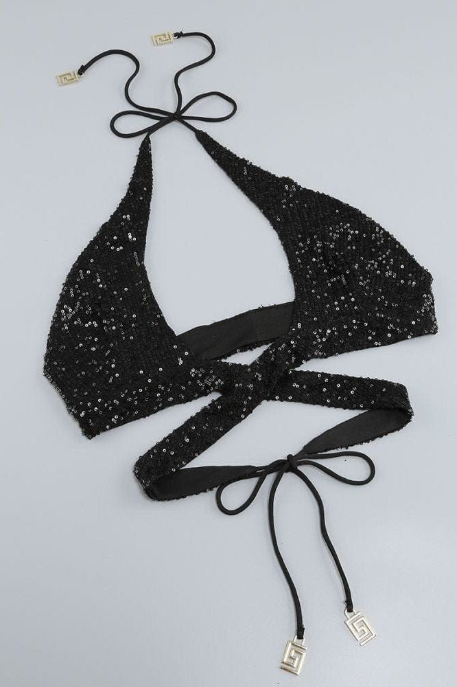 Odilia Halter Sequins Mini Dress - Black