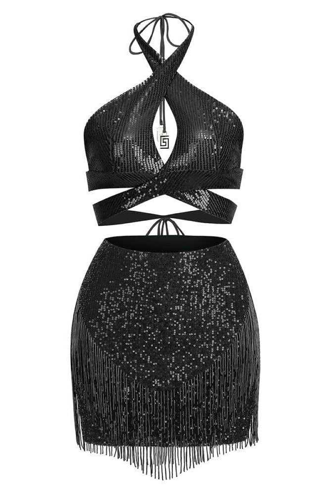 Odilia Halter Sequins Mini Dress - Black