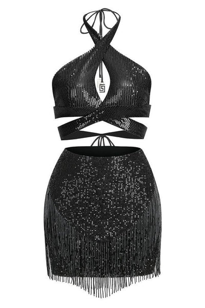 Odilia Halter Sequins Mini Dress - Black