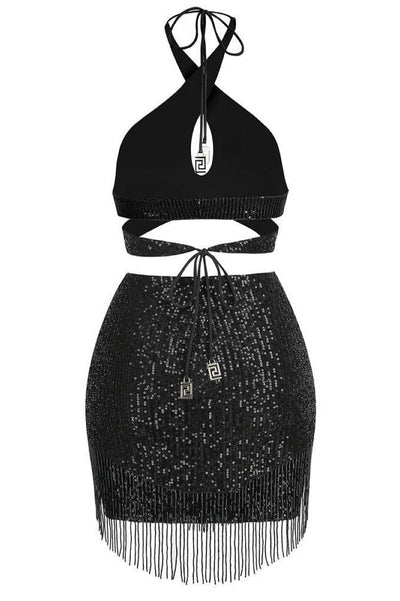 Odilia Halter Sequins Mini Dress - Black