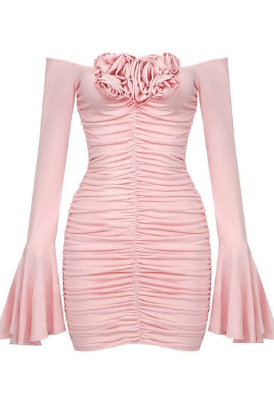 Orla Ruched roses bell sleeve mini dress in pink