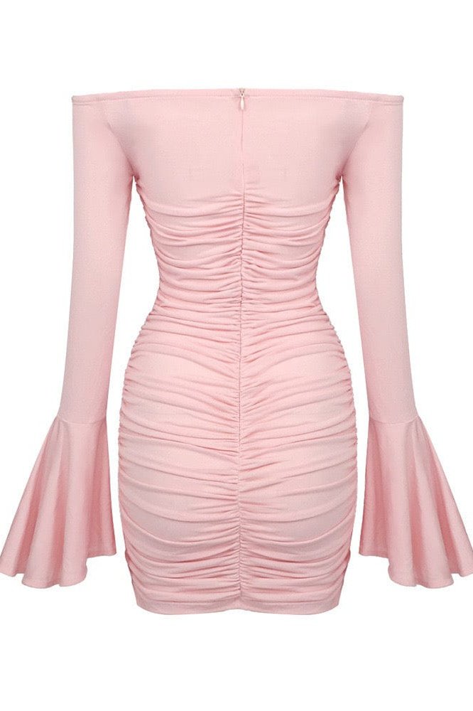 Orla Ruched roses bell sleeve mini dress in pink