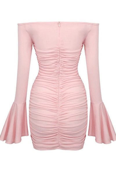 Orla Ruched roses bell sleeve mini dress in pink