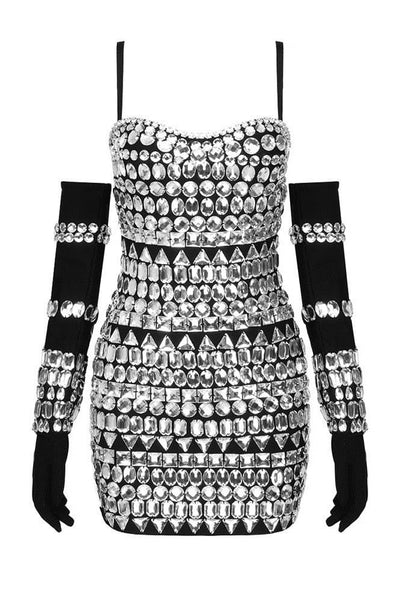 Natuzzi Crystal Diamonds Black Mini Dress with Hand Gloves Set