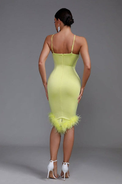 Harper Asymmetric Neckline Feather Trim Midi Dress