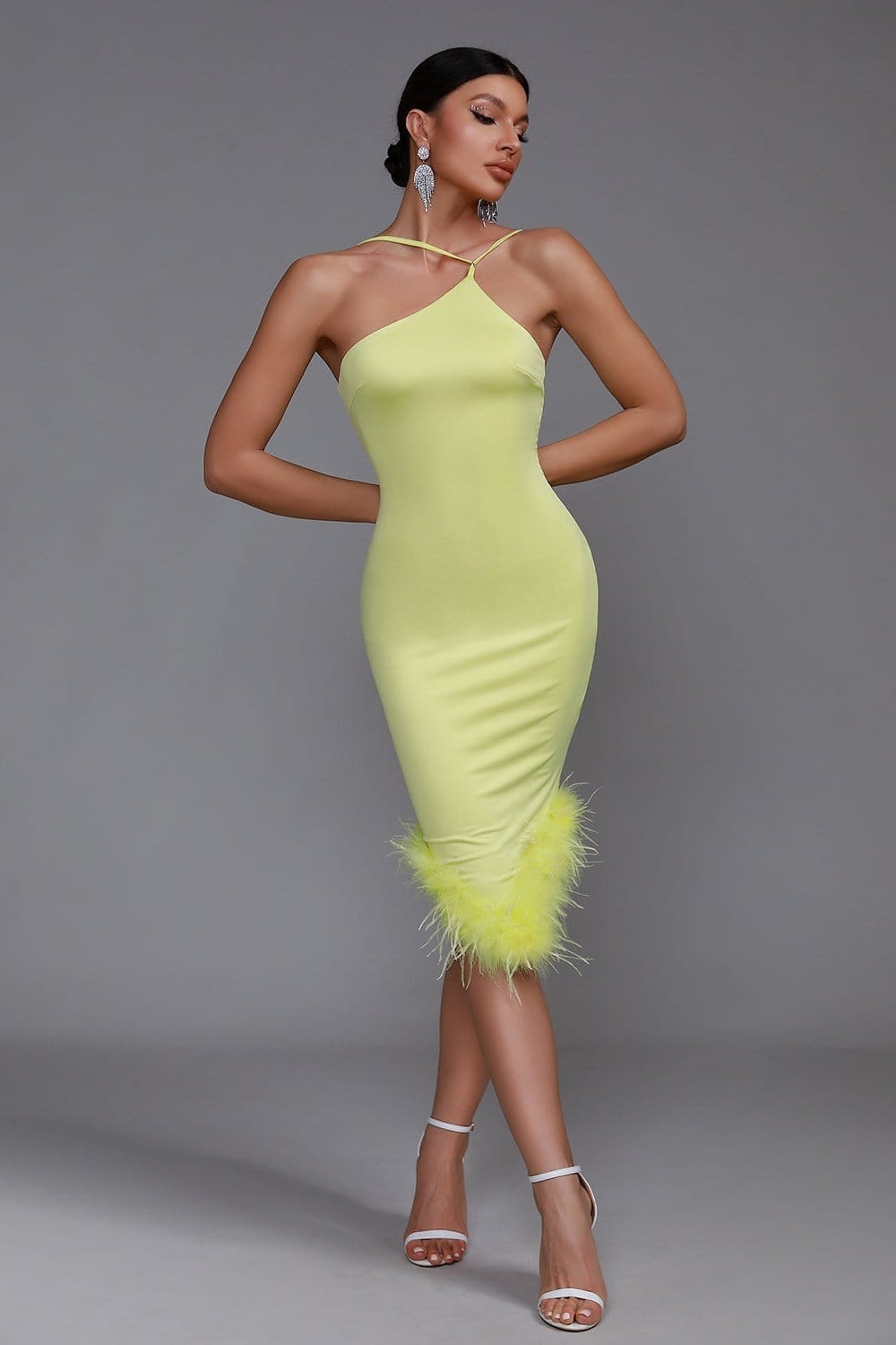 Harper Asymmetric Neckline Feather Trim Midi Dress