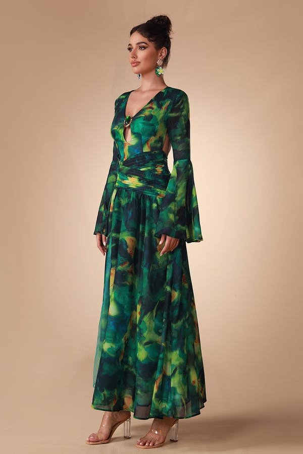 Uzma Bell Sleeve Printed Chiffon Maxi Dress