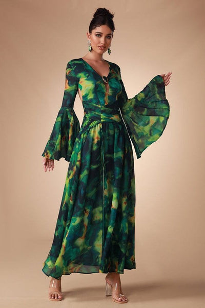 Uzma Bell Sleeve Printed Chiffon Maxi Dress