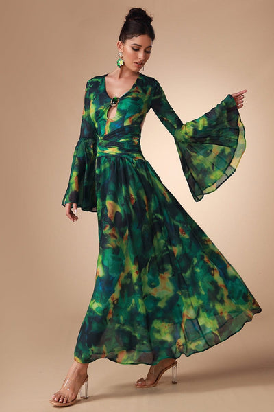 Uzma Bell Sleeve Printed Chiffon Maxi Dress