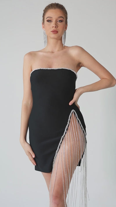 Baila Strapless Rhinestone Tassel Mini Bandage Dress