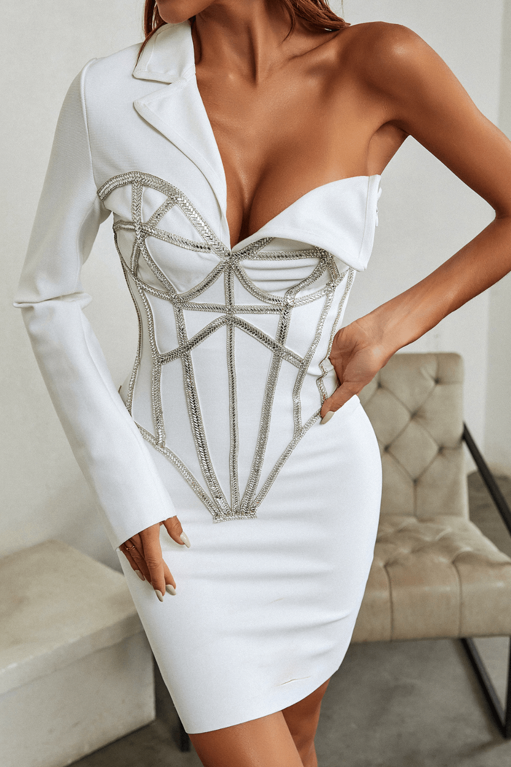 white one shoulder bandage dress Born Extraordinary One Shoulder Cut-Out Midi Dress (White)