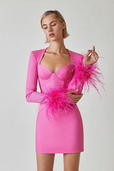 Lucienne Feather-Embellished Bodycon Mini Dress-Pink
