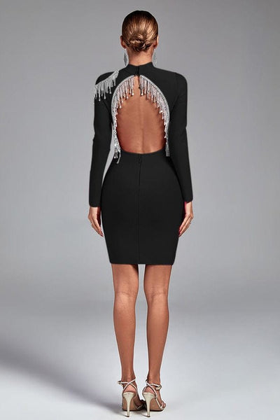 Remy High Neck Backless Tassels Mini Bandage Dress