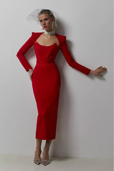 Gianna Long Sleeve Midi Dress - Red