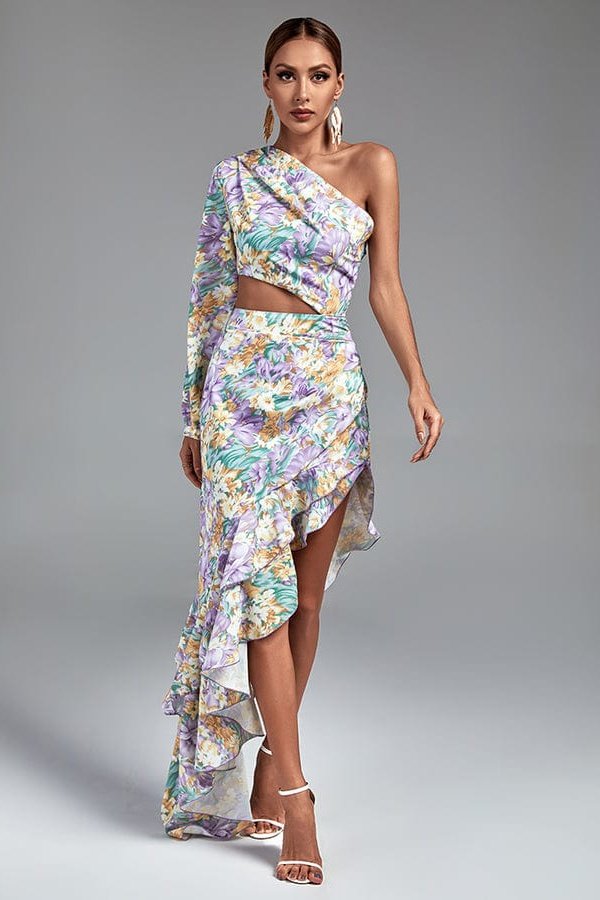 Weston One Shoulder Cut Out Maxi Flowers Dress - Purple