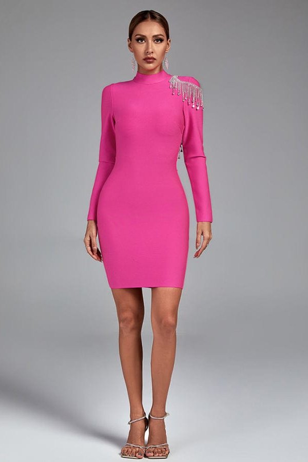 Remy High Neck Backless Tassels Mini Bandage Dress - Pink