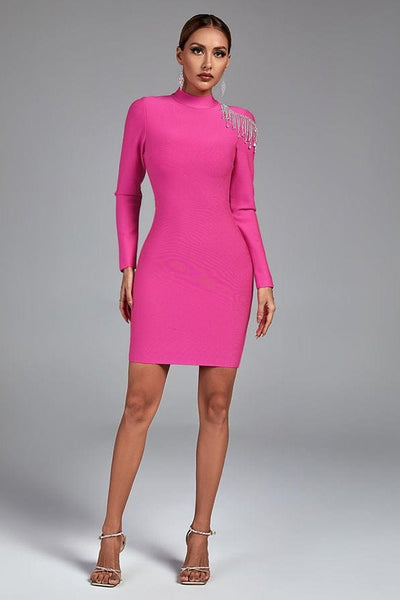 Remy High Neck Backless Tassels Mini Bandage Dress - Pink