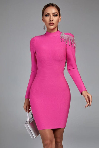 Remy High Neck Backless Tassels Mini Bandage Dress - Pink