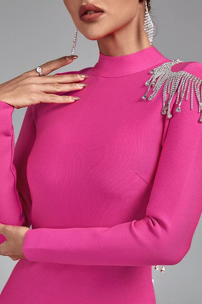 Remy High Neck Backless Tassels Mini Bandage Dress - Pink