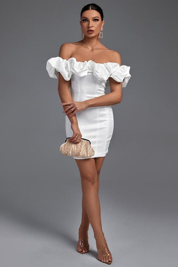 Holly Off Shoulder Short Sleeve Frill Mini Bodycon Dress