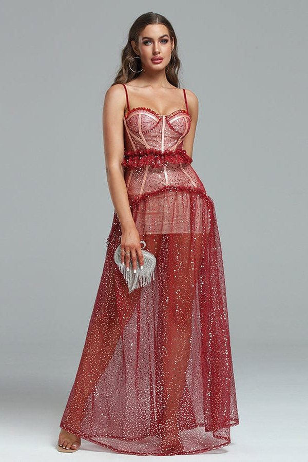 Barrett Strappy Sequins Mesh&Lace Maxi Dress