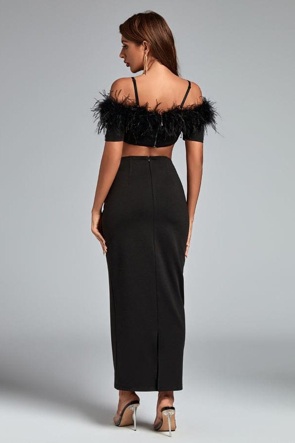 Tate Strappy Feather Short Sleeve Maxi Exposed Waist Dress