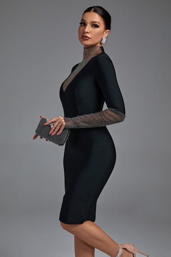 Merlina High Neck Long Sleeve Rhinestone Midi Bandage Dress