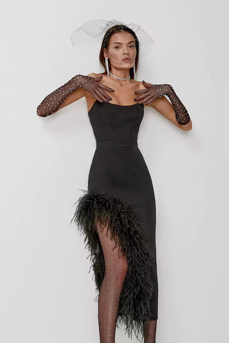 Desirie Feather Dress – Black