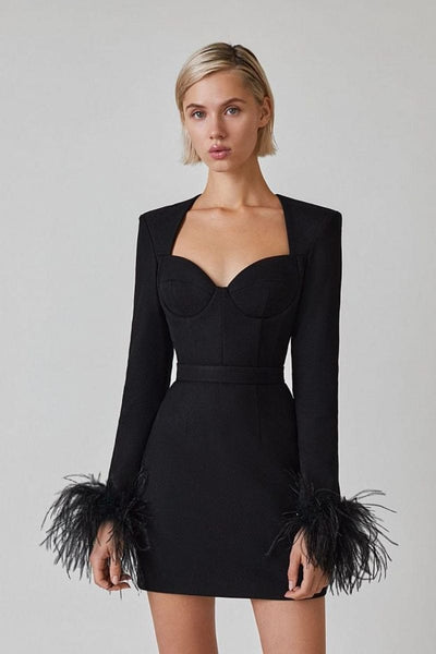 Lucienne Feather-Embellished Bodycon Mini Dress-Black